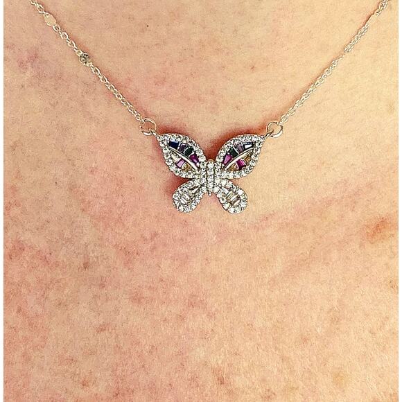 Dainty Butterfly Pendant Multi-color Rainbow CZ Adjustable Silver Chain Sparkly - Picture 2 of 9
